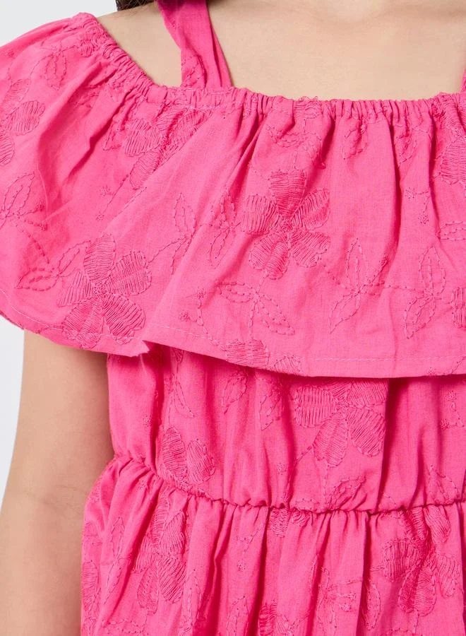 Styli Girls Pink Embroidered Cold Shoulder Dress